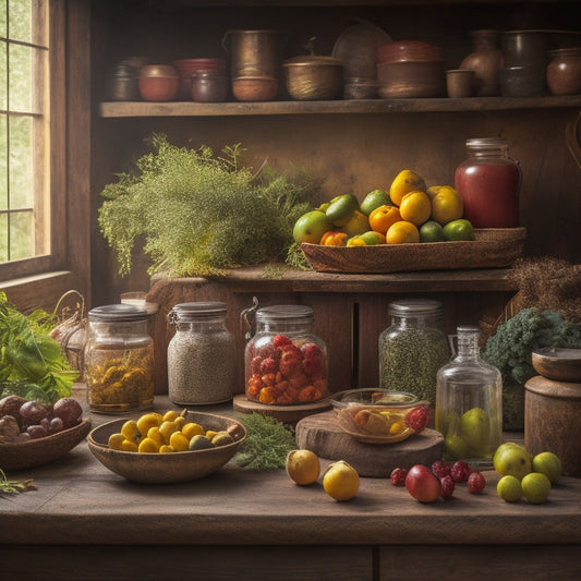 A rustic wooden table laden with an assortment of glass jars filled with vibrant, preserved fruits and vegetables, surrounded by lush greenery and antique kitchen utensils.