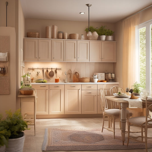 A warm, well-lit kitchen with a senior-friendly layout, featuring a compact refrigerator, wall-mounted shelves, a foldable table, and a retractable drying rack, all in a calming beige and wood tone color scheme.