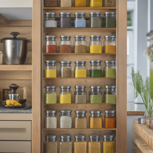 A compact kitchen with a sleek, vertical spice rack filled with colorful spice jars, organized by size and color. Bright, natural light highlights the spices, with herbs in small pots nearby on a wooden countertop.