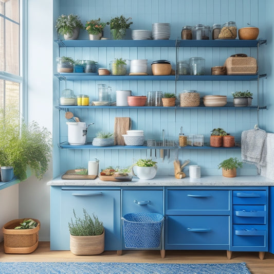 A cozy, small kitchen filled with colorful, affordable organizers: tiered spice racks, stackable containers, hanging pot racks, and drawer dividers, all harmoniously arranged, showcasing a clutter-free space with fresh herbs and utensils.