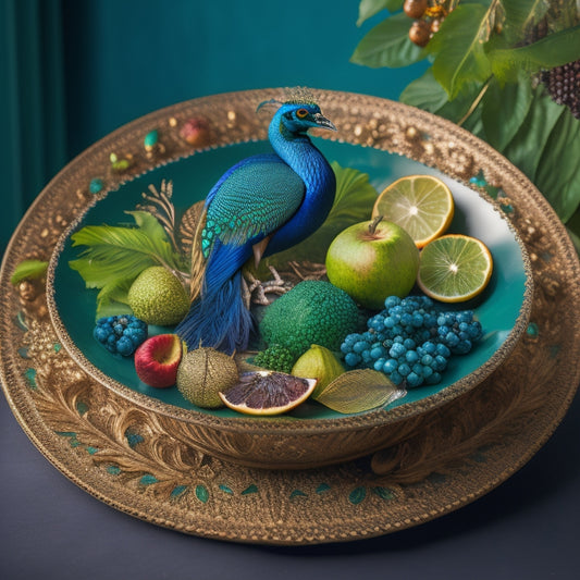 A delicate, ornate fruit plate featuring an intricate peacock pattern in shades of emerald green, sapphire blue, and gold, adorned with ornate feathers and surrounded by lush, exotic fruit.