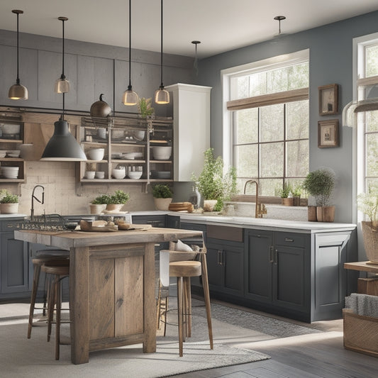 A stylized kitchen with a mix of modern and rustic elements, featuring a decorative island, pendant lights, and a gallery wall with framed templates in various shapes, sizes, and colors.