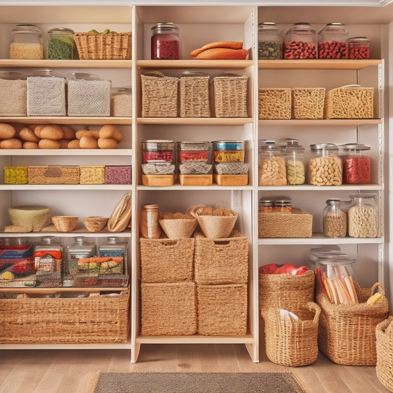 A well-organized pantry featuring clear containers filled with labeled dry goods, stacked baskets for snacks, a tiered spice rack, and colorful cloth bins, all arranged on wooden shelves with natural light streaming in.
