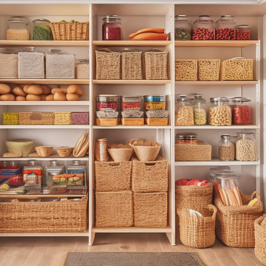 A well-organized pantry featuring clear containers filled with labeled dry goods, stacked baskets for snacks, a tiered spice rack, and colorful cloth bins, all arranged on wooden shelves with natural light streaming in.
