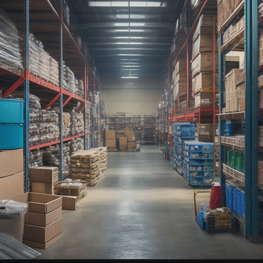 A cluttered warehouse with disorganized inventory in the background, transitioning into a tidy and organized space in the foreground, with colorful, customizable templates and shelves.