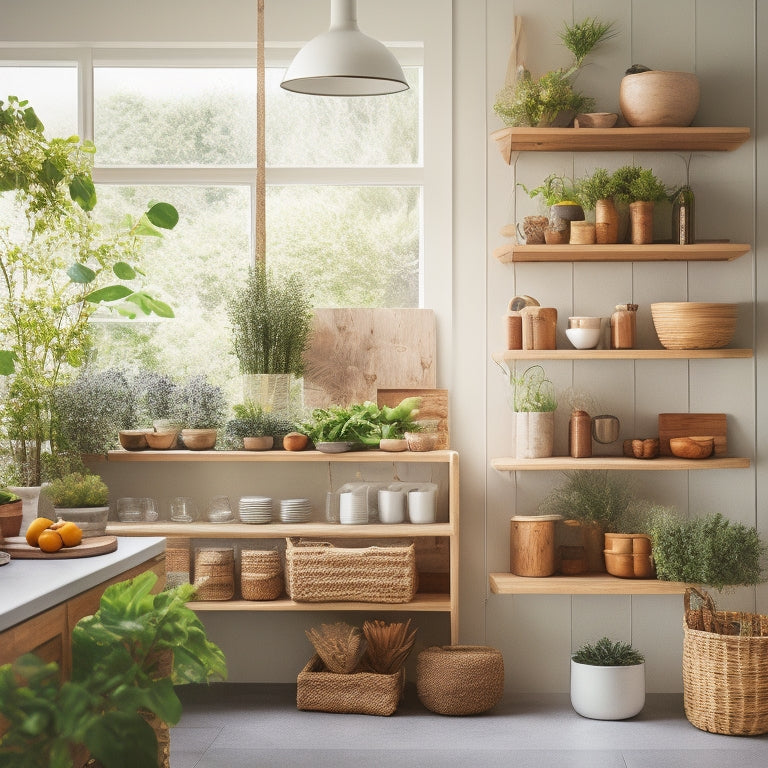 A bright, modern kitchen with open shelving, showcasing a tiered wooden spice rack, ceramic containers, and woven baskets, surrounded by subtle natural light and a few green plants.