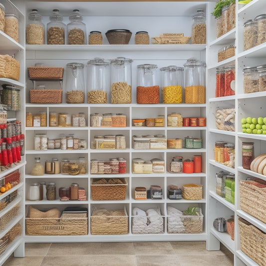 A cluttered kitchen pantry with open shelves, overflowing with mismatched containers, expired food, and tangled cords, contrasted with a sleek, organized pantry featuring adjustable shelves, labeled baskets, and a built-in spice rack.