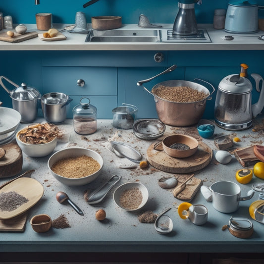 A cluttered kitchen countertop with scattered utensils, appliances, and cooking gadgets, surrounded by crumbs, spills, and stains, with a few utensils precariously balanced on the edge, threatening to fall.