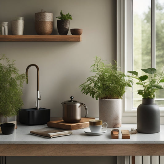 A serene kitchen scene with a minimalist aesthetic: a few, carefully chosen cookbooks stand upright on a wooden tray, a small, potted herb plant, and a single, sleek coffee maker on a polished, clutter-free countertop.