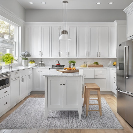 A bright, modern kitchen with sleek white cabinets, stainless steel appliances, and a large, clutter-free island, featuring a utensil organizer, a pull-out trash can, and a built-in spice rack.