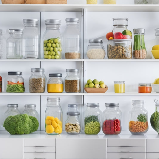A bright, modern kitchen with open shelves, filled with neatly organized, transparent glass containers of various sizes, holding colorful fruits, vegetables, and grains, against a clean white background.