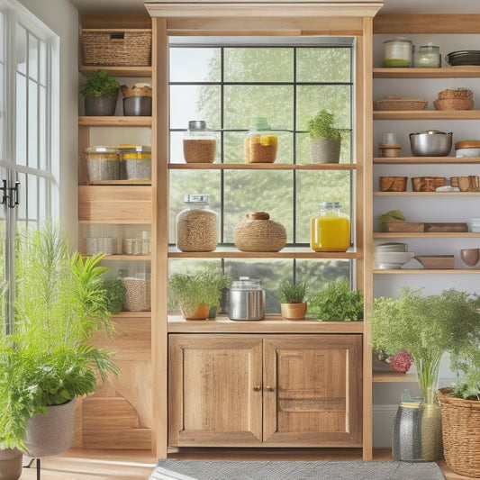A stylish freestanding pantry unit with rich bamboo shelving, elegantly arranged with colorful jars, fresh herbs, and organic produce, surrounded by warm, natural light filtering through a kitchen window.