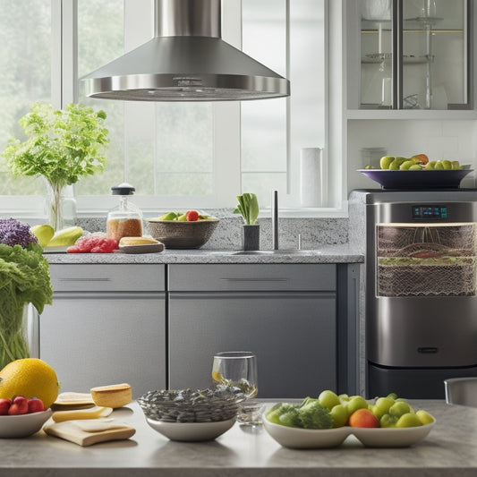 A modern kitchen with sleek countertops, a stainless steel Excalibur dehydrator centered, surrounded by vibrant, fresh fruits and vegetables, and a few perfectly dehydrated snacks in the foreground.