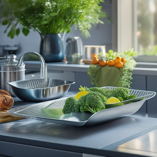 A modern kitchen countertop featuring a sleek, stainless steel dish drainer with a detachable tray, glistening water droplets, neatly arranged clean dishes, and fresh greenery in the background for a vibrant touch.