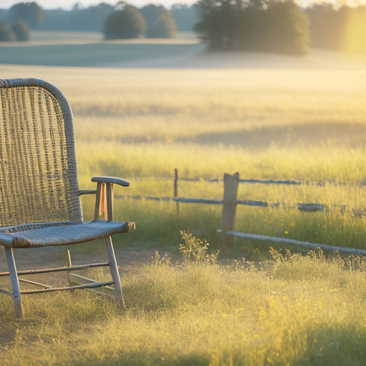 A serene country landscape at dawn, with a rustic wooden fence, a few wildflowers, and a vintage wicker chair, set against a soft, warm golden light and a misty blue horizon.