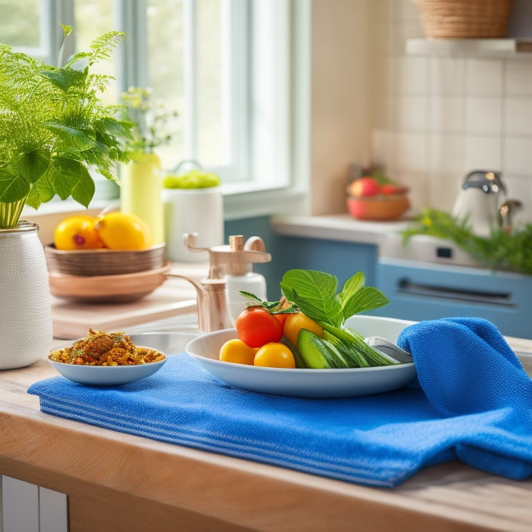 A compact kitchen scene showcasing a stylish, space-saving dish drainer on a small countertop, surrounded by colorful dishes, a vibrant dish towel, and a potted herb, all bathed in soft, natural light.