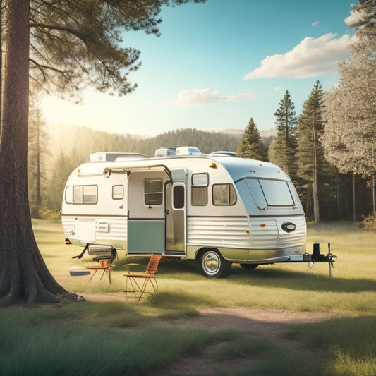 A vintage-style illustration of a Lil Snoozy RV in a serene outdoor setting, surrounded by trees and a sunny sky, with a subtle faint blueprint or manual outline subtly overlayed on the camper's surface.