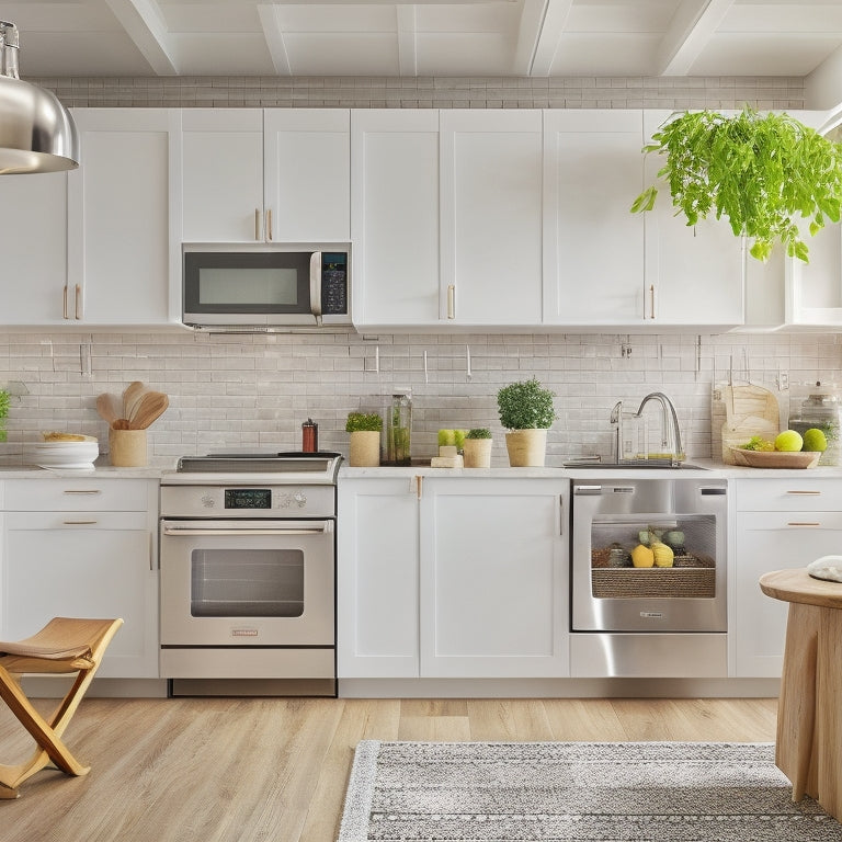 A sleek, modern kitchen with creamy white cabinets, warm wood accents, and stainless steel appliances, featuring a pegboard with hanging utensils, a pull-out spice rack, and a slide-out trash can.