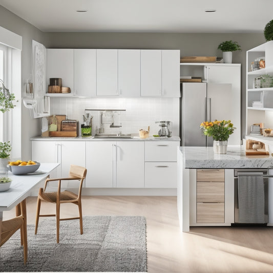 A bright, modern kitchen with sleek white cabinets, stainless steel appliances, and a large island in the center, surrounded by a laptop and papers with the Ikea Planner open on the screen.