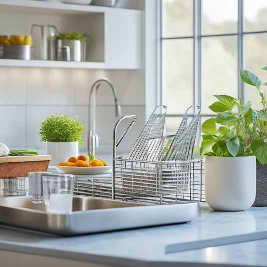 A sleek, stainless steel dish drainer with multiple tiers, showcasing plates, cups, and utensils drying under soft, natural light. The background features a modern kitchen with vibrant greenery and polished countertops.