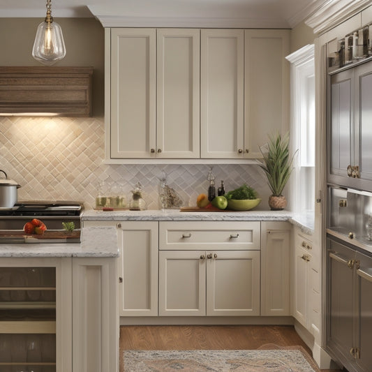 A modern kitchen with cream-colored cabinets featuring ornate hardware, soft-close drawers, and a built-in wine rack, set against a backdrop of light gray walls and dark hardwood floors.