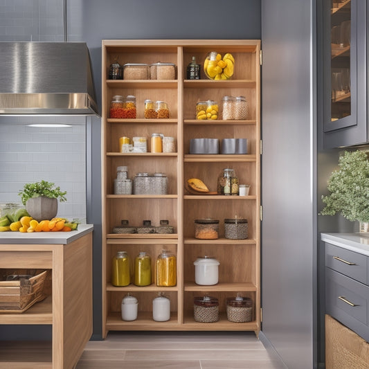 A modern kitchen featuring a sleek freestanding pantry unit with adjustable shelves, vibrant fruits and jars neatly organized, warm wood tones, and soft lighting highlighting customizable configurations, inviting a sense of functionality and style.