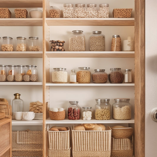 A well-organized pantry with custom shelves in a warm, neutral tone, featuring a mix of glass jars, woven baskets, and sleek containers, illuminated by soft, warm lighting.