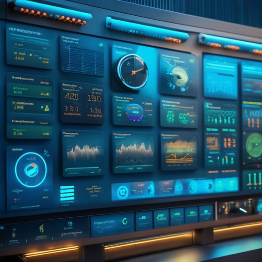A futuristic dashboard with various report templates, charts, and graphs surrounded by gears, cogs, and puzzle pieces, conveying a sense of customization and precision.