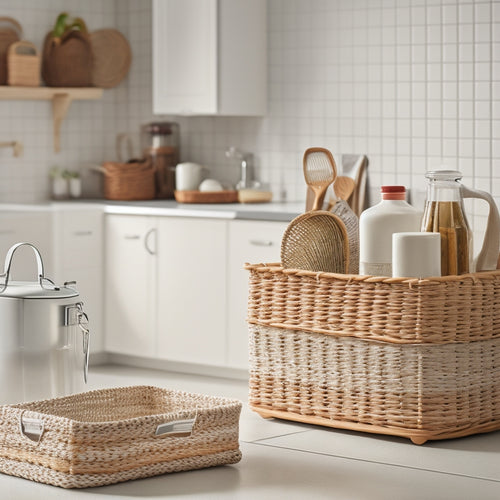 A tidy, modern kitchen counter with 3-5 woven storage baskets in varying sizes, each filled with neatly arranged utensils, against a clean white or light-colored background.