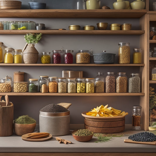 A beautifully organized kitchen corner featuring a wooden lazy Susan filled with colorful spices, jars of grains, and fresh herbs, surrounded by sleek cabinets and a warm, inviting atmosphere.