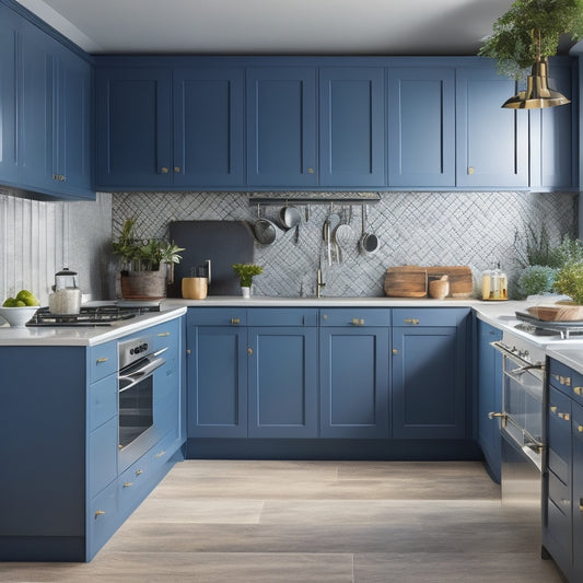 A modern kitchen with sleek, handleless cabinets in a calming blue-gray hue, featuring a large island with built-in drawers, a wall-mounted pot rack, and a geometric-patterned backsplash.