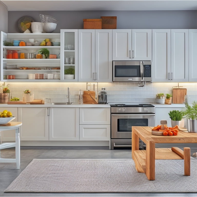 A modern kitchen with sleek white cabinets, a stainless steel refrigerator, and a large island in the center, featuring a pegboard with hanging utensils and a tablet mounted on the wall.