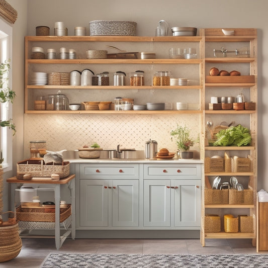 A serene kitchen with three distinct zones: a utensil station with a wooden pegboard, a pantry with labeled baskets, and a countertop with a sleek, built-in spice rack and a row of identical canisters.