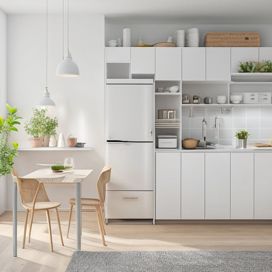 A clutter-free small kitchen with a wall-mounted foldable table, a compact refrigerator, and a pegboard with hanging utensils and pots, surrounded by sleek, white minimalist cabinets and warm wooden flooring.
