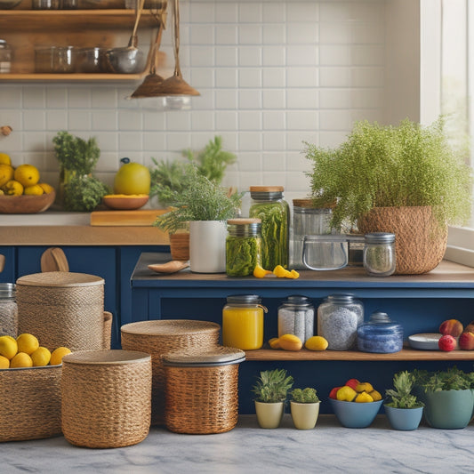A beautifully organized kitchen countertop showcasing various storage solutions: sleek bamboo canisters, elegant glass jars, rustic metal baskets, and vibrant ceramic pots, all surrounded by fresh herbs and colorful fruits.