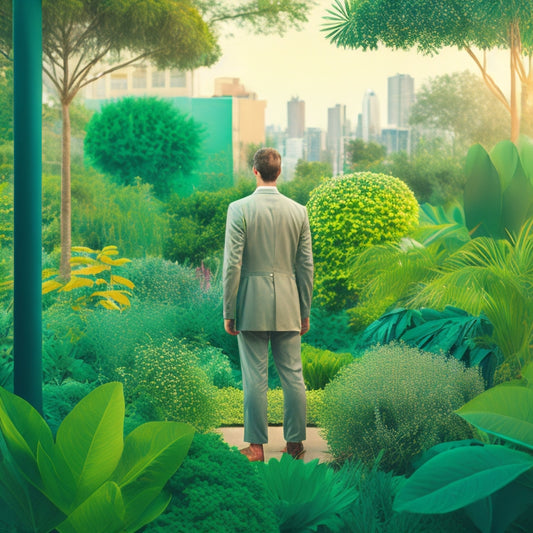 An illustration of a person standing confidently in a lush, green garden, surrounded by thriving plants, with a subtle cityscape in the background, and a faint outline of a blueprint or diagram superimposed over the scene.