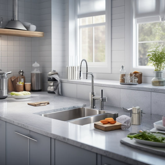 A clean and modern kitchen with a stainless steel countertop, a sink filled with soap and water, and a trash can with a tight-fitting lid, surrounded by gleaming utensils and spotless appliances.