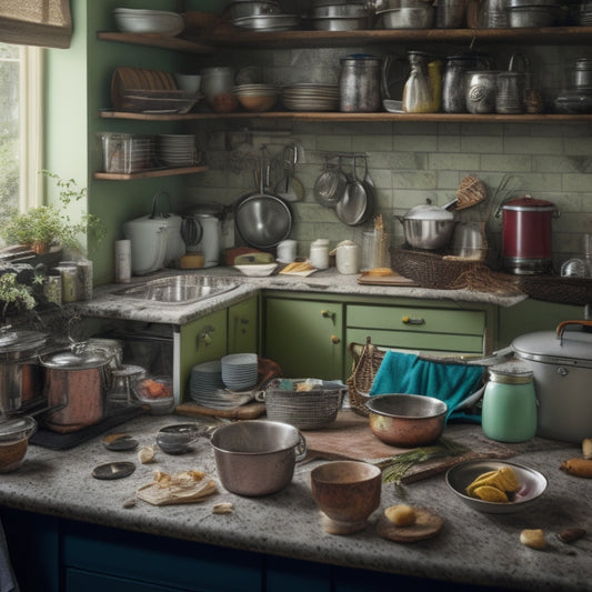 A cramped, L-shaped kitchen countertop overwhelmed by clutter: stacks of worn cookbooks, a tangled mess of cords, a blender with dried spills, and a sink piled high with dirty dishes and utensils.