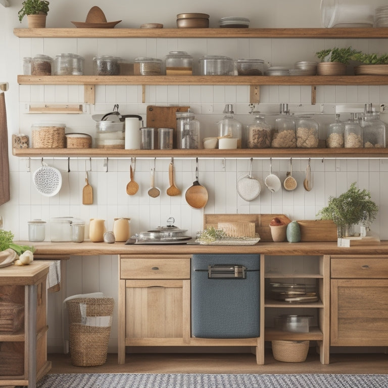 A tidy kitchen with a large, wooden island in the center, surrounded by organized countertops, a pegboard with hanging utensils, and a few neatly labeled jars on a nearby shelf.