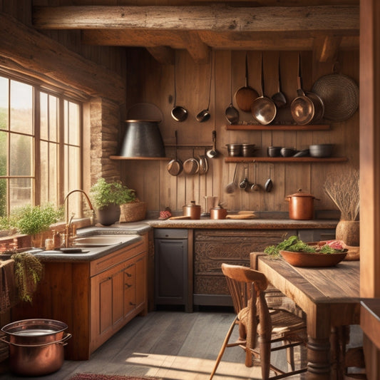 A rustic farmhouse kitchen with exposed wooden beams, featuring a ceiling-mounted pot rack adorned with copper pots and pans, surrounded by vintage utensils, fresh herbs hanging, and warm, natural light streaming through a window.