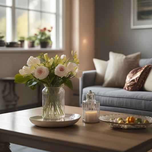 A serene, well-lit living room with a few, neatly arranged decorative items, a faintly visible cleaning caddy in the corner, and a single, fresh flower in a slim vase on a tidy coffee table.