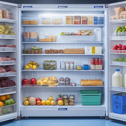 A refrigerated storage unit with labeled shelves, thermometers, and baskets, featuring a variety of perishable foods, including fruits, meats, and dairy products, arranged in an organized and hygienic manner.