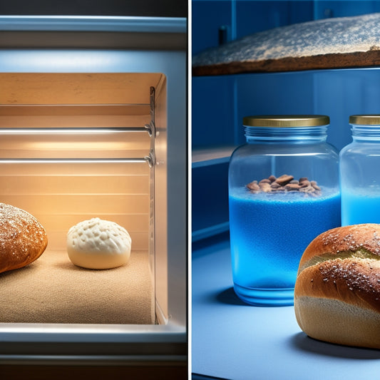 A split-screen image featuring a fresh, crisp loaf of bread on the left, stored in a container with an oxygen absorber packet, alongside a stale, moldy loaf on the right, stored without.