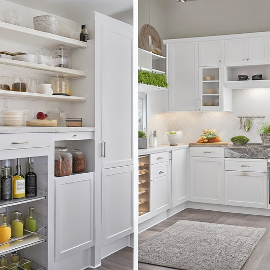 A bright, modern kitchen with sleek white cabinets, warm wood accents, and a custom pantry featuring pull-out shelves, adjustable storage bins, and a built-in wine rack, illuminated by soft, natural light.
