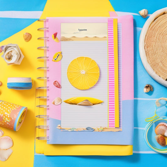 A colorful, whimsical illustration of a summer-themed planner lying open on a bright yellow beach towel, surrounded by scattered stickers, washi tape, and a few seashells.