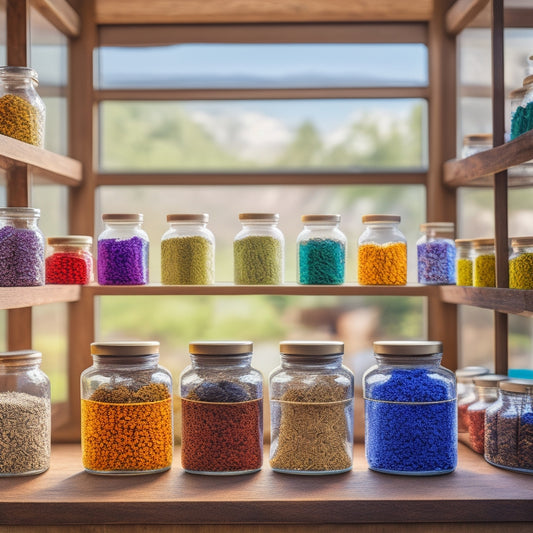 A vibrant spice rack filled with clear glass jars, showcasing a rainbow of spices. The jars are neatly labeled and arranged, with sunlight filtering through a nearby window, casting soft shadows on a wooden countertop.
