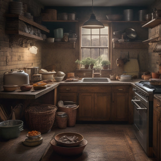 A dimly lit, cramped kitchen with cluttered countertops, overflowing cabinets, and a worn-out linoleum floor, surrounded by stacks of dusty cookbooks, rusty appliances, and worn-out utensils.