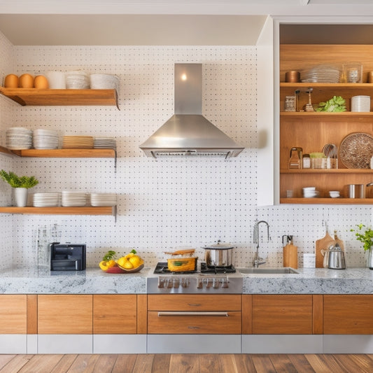 A bright, modern kitchen with warm wood cabinetry, sleek quartz countertops, and stainless steel appliances, featuring a pegboard with hung utensils, a tiered spice rack, and a neatly organized pantry.