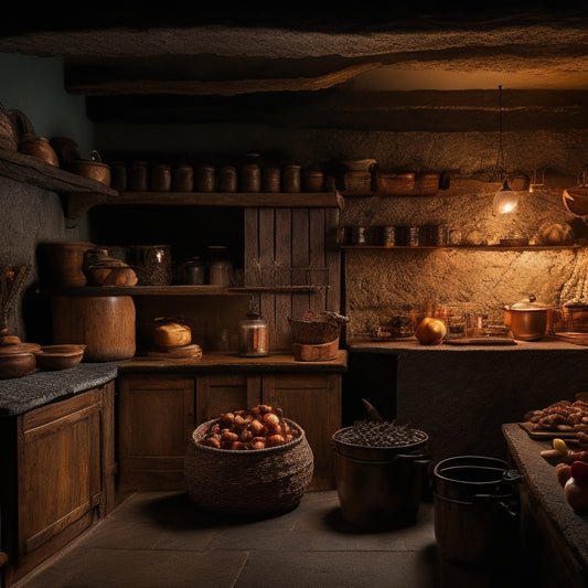 A dimly lit, medieval-inspired kitchen with stone walls, wooden countertops, and a cluttered array of jars, baskets, and utensils, with a few open cabinets and shelves awaiting organization.