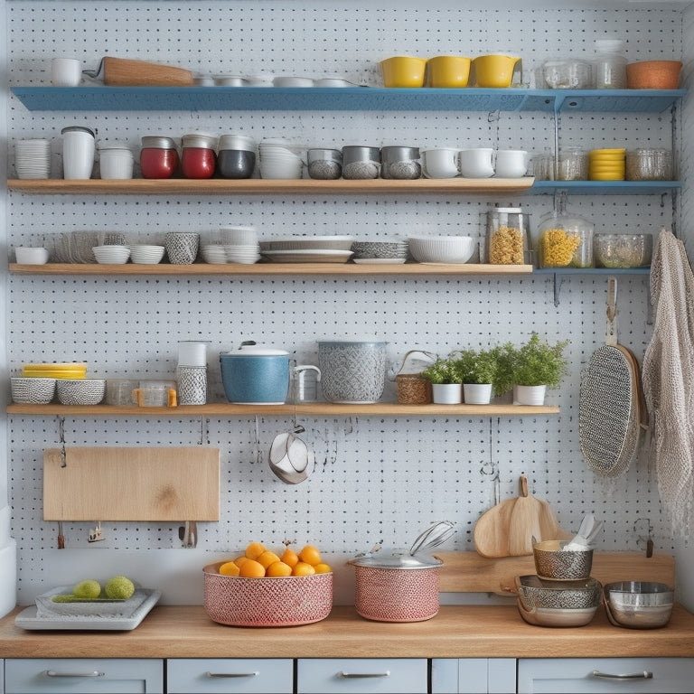 A bright, organized kitchen with warm wooden cabinets, shiny silver utensils, and colorful ceramic dishes, featuring a pegboard with hanging pots, a utensil organizer, and a tiered spice rack.